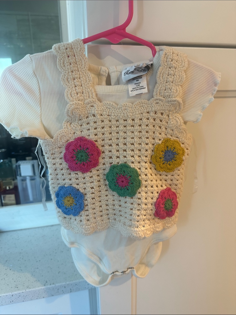 Rare Editions Cream Crochet Floral Tank Bodysuit with Bright Flowers